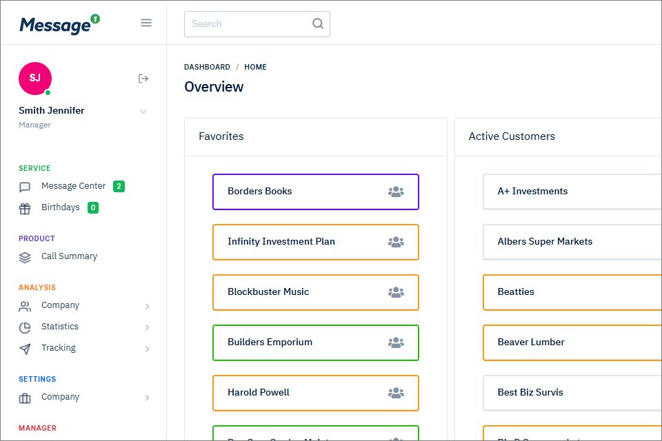 User interface for customer management in Message1